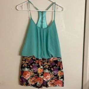 Woman’s short jumpsuit turquoise with floral short/ bottom